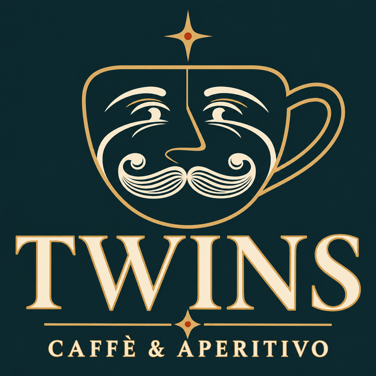 TWINS Caffè & Aperitivo, tazzina con volto e baffi in oro e blu